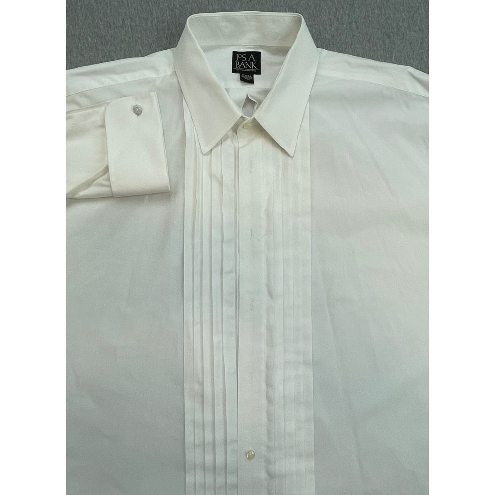 Jos A Bank Shirt Mens 17.5 - 34 White Tuxedo Pleated 100% Cotton French Cuff